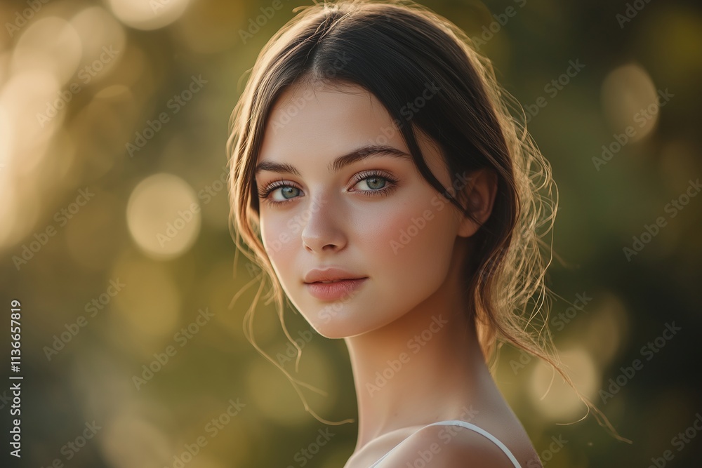 Striking portrait of a young woman with captivating features, set against a softly blurred background, showcasing her natural beauty and confidence in an elegant, modern style. Striking portrait of a young woman with captivating features, set against a softly blurred background, showcasing her natural beauty and confidence in an elegant, modern style.