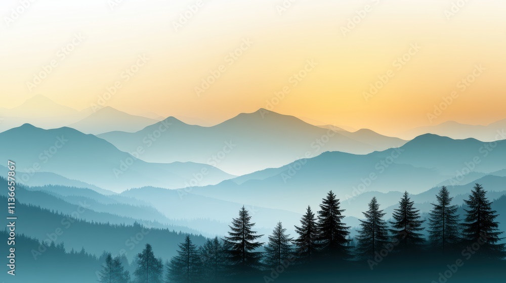 A serene landscape featuring layered mountains with a gradient sky at sunrise, perfect for nature-related projects, travel brochures, or relaxation themes, It conveys tranquility and beauty, A serene landscape featuring layered mountains with a gradient sky at sunrise, perfect for nature-related projects, travel brochures, or relaxation themes, It conveys tranquility and beauty,