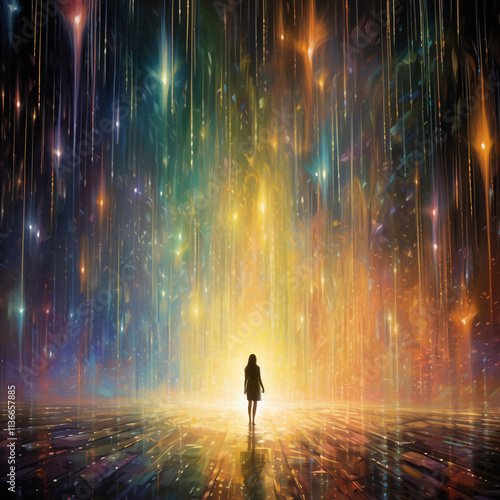 A person walks through beams of light