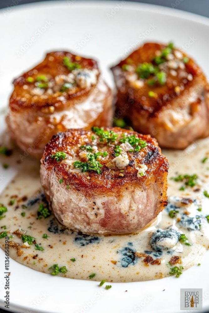 Succulent Seared Meat Medallions Served with Creamy Sauce and Fresh Herbs on a White Plate Ideal for Gourmet Meal Presentation Succulent Seared Meat Medallions Served with Creamy Sauce and Fresh Herbs on a White Plate Ideal for Gourmet Meal Presentation