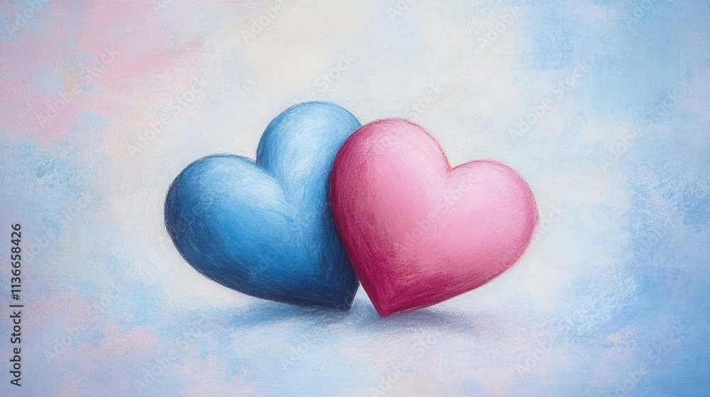 Two colorful hearts, one blue and one pink, sit closely together against a soft pastel background, symbolizing love and harmony, Ideal for Valentine's Day or romantic themed projects, Two colorful hearts, one blue and one pink, sit closely together against a soft pastel background, symbolizing love and harmony, Ideal for Valentine's Day or romantic themed projects,