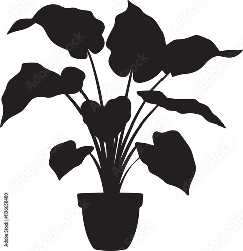 Silhouette of a taro plant with pot black vector art illustration.