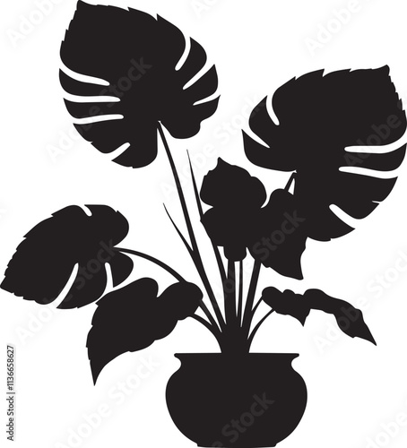 Silhouette of a taro plant with pot black vector art illustration.