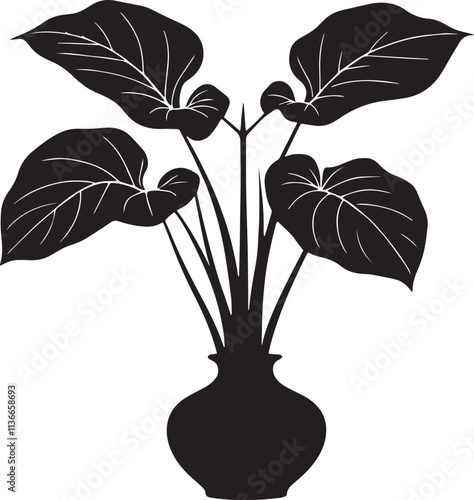 Silhouette of a taro plant with pot black vector art illustration.