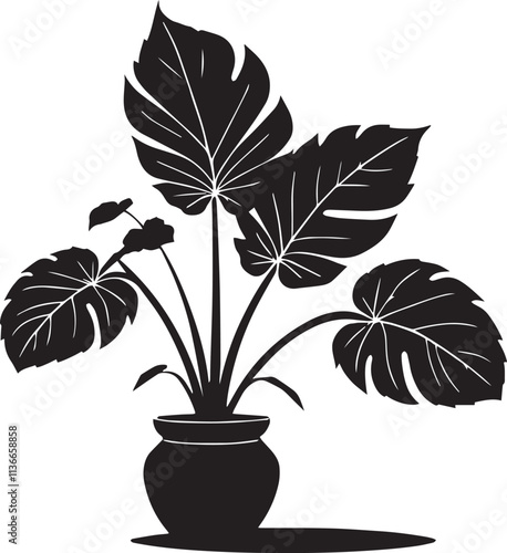 Silhouette of a taro plant with pot black vector art illustration.