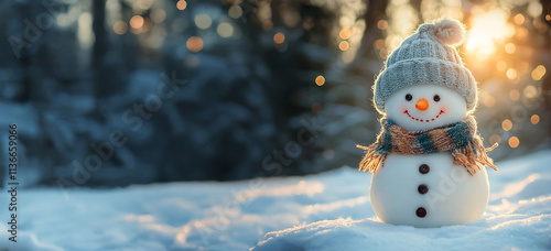 Winterurlaub Weihnachten Hintergrund Banner - Nahaufnahme von niedlichen lustig lachenden Schneemann mit Wollmütze und Schal, auf verschneiten Schnee Schneelandschaft mit Bokeh Lichter, von der Sonne 