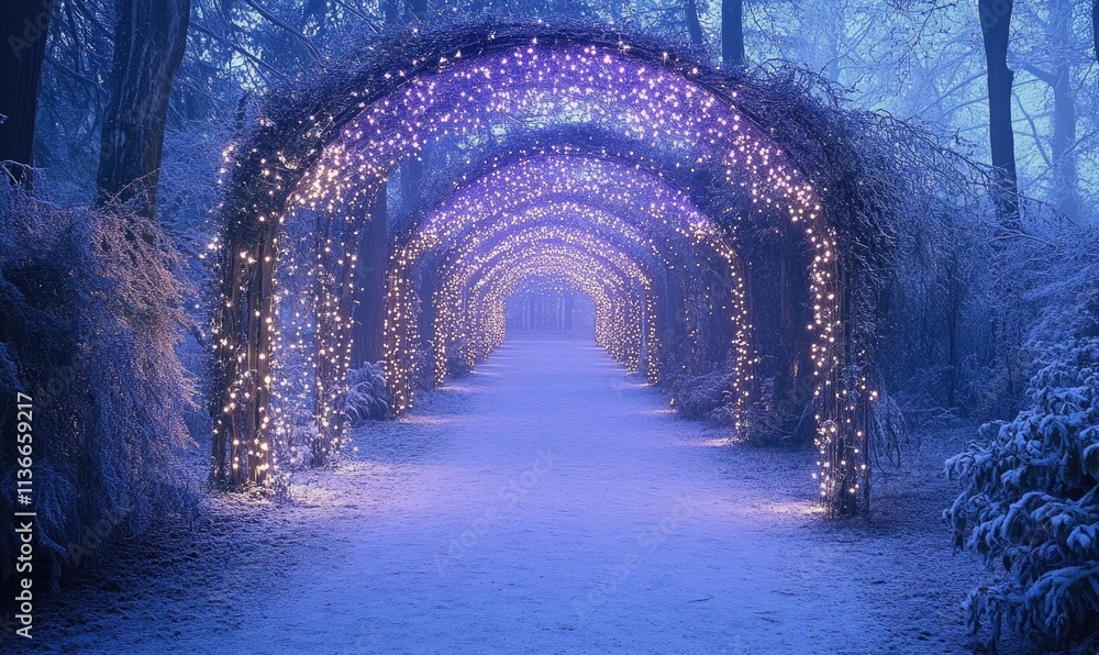Obraz premium A walkway with lights and trees in the background