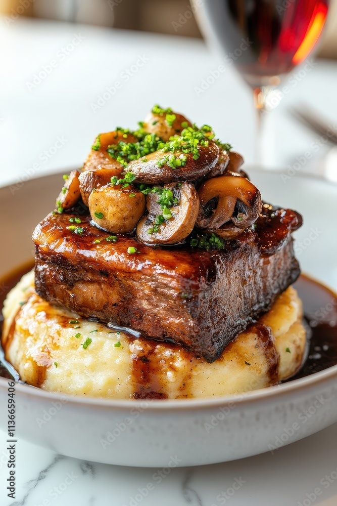 Deliciously Braised Pork Belly Served on Creamy Mashed Potatoes with Sautéed Mushrooms and Garnished with Fresh Herbs on Elegant Dining Table Deliciously Braised Pork Belly Served on Creamy Mashed Potatoes with Sautéed Mushrooms and Garnished with Fresh Herbs on Elegant Dining Table