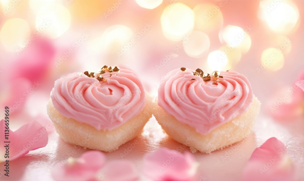Two pink heart shaped cakes with gold sprinkles on top Two pink heart shaped cakes with gold sprinkles on top