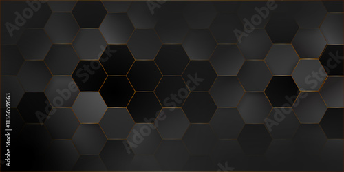 Dark background with sleek black hexagons adorned by luminous gold stoke line. Sci-Fi Tech Hexagonal Blocks Structure Conceptual Dark Gray  Geometric 3D Wallpaper technology design illustration tech. 