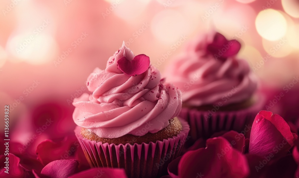 Two pink cupcakes with pink frosting and pink sprinkles on top Two pink cupcakes with pink frosting and pink sprinkles on top