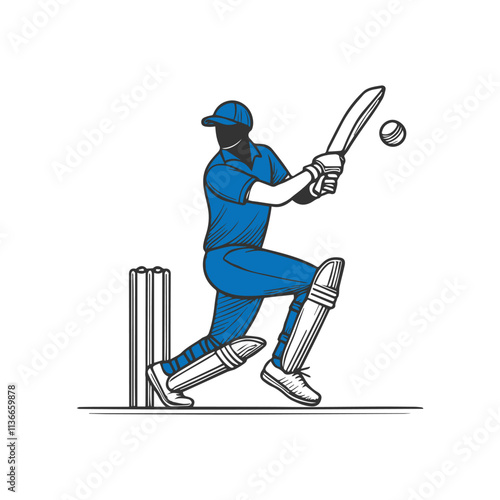 cricket player Bats man hitting ball vector  illustration for cricket match poster banner or flyer, line art, silhouette.	