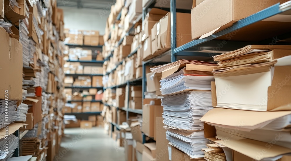 Fototapeta premium Stacked Cardboard Boxes and Piled Papers in a Warehouse Storage Space, Organized Shelves Filled with Documented Files, Industrial Archive Environment