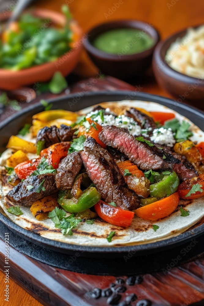 Delicious Grilled Fajitas with Tender Slices of Steak, Bell Peppers, Onions, Fresh Herbs, and Flour Tortilla on a Rustic Wooden Table Delicious Grilled Fajitas with Tender Slices of Steak, Bell Peppers, Onions, Fresh Herbs, and Flour Tortilla on a Rustic Wooden Table