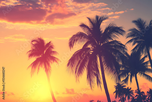 Fototapeta Naklejka Na Ścianę i Meble -  Beautiful tropical sunset with palm trees silhouetted against an orange and pink sky, creating a relaxing beach vibe perfect for vacation, summer, travel, and nature lovers