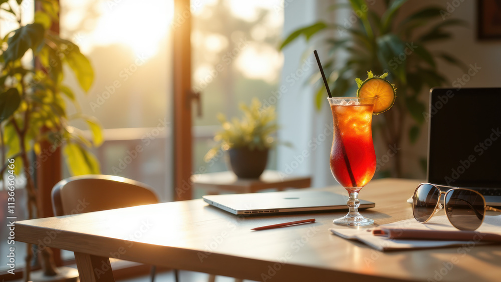 An inviting workspace with a refreshing drink on a sunny day. An inviting workspace with a refreshing drink on a sunny day.