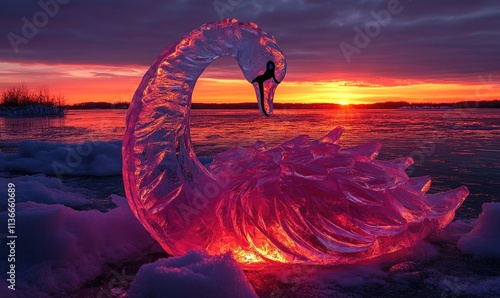 Fototapeta Naklejka Na Ścianę i Meble -  A pink swan is sitting on the ice in front of a sunset