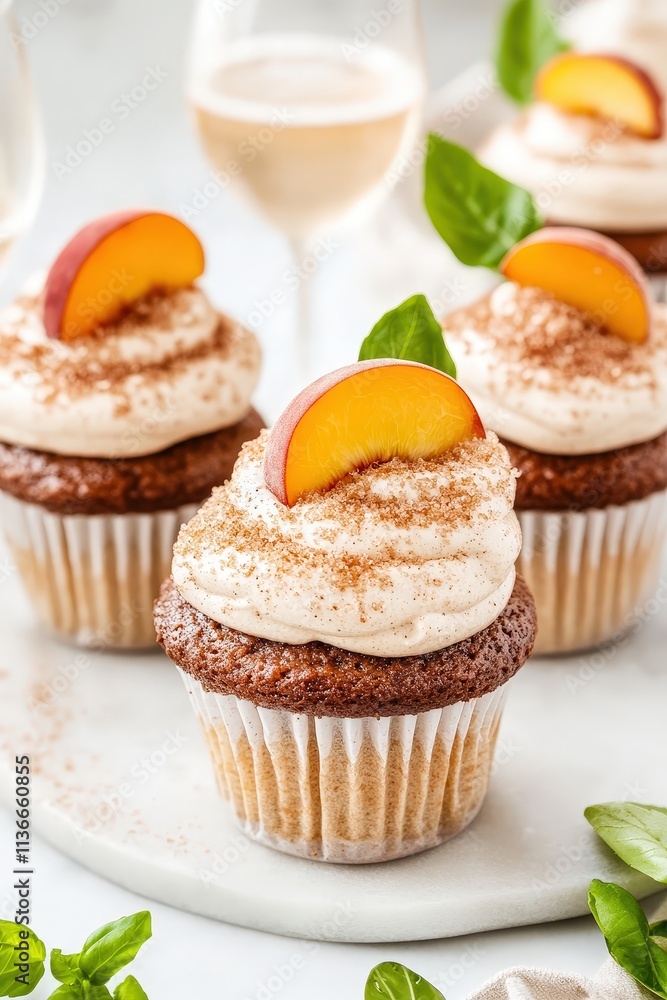 Delicious Cupcakes Topped with Creamy Frosting, Fresh Peach Slices, and a Hint of Cinnamon, Perfect for Celebrations and Special Occasions Delicious Cupcakes Topped with Creamy Frosting, Fresh Peach Slices, and a Hint of Cinnamon, Perfect for Celebrations and Special Occasions