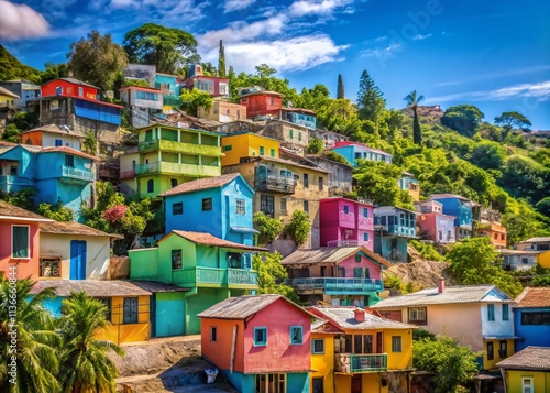 Wallpaper Mural Vibrant and Colorful Houses in Port-au-Prince, Haiti with Lush Greenery and Clear Blue Skies, Ideal for a Tropical Landscape or Urban Scene with Copy Space for Text Overlay Torontodigital.ca