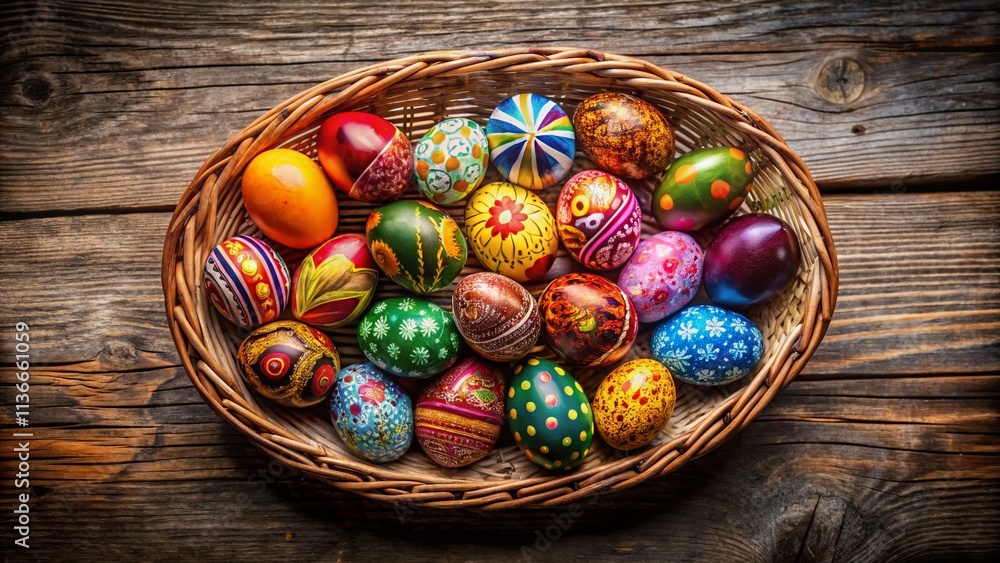 Fototapeta premium Vibrant and Colourful Easter Eggs Nestled in a Charming Basket, Perfectly Arranged Against a Clear Background for an Eye-Catching Spring Celebration Theme