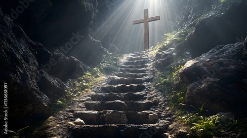 Fototapeta Naklejka Na Ścianę i Meble -  Wooden Cross at the End of a Stone Stairway
