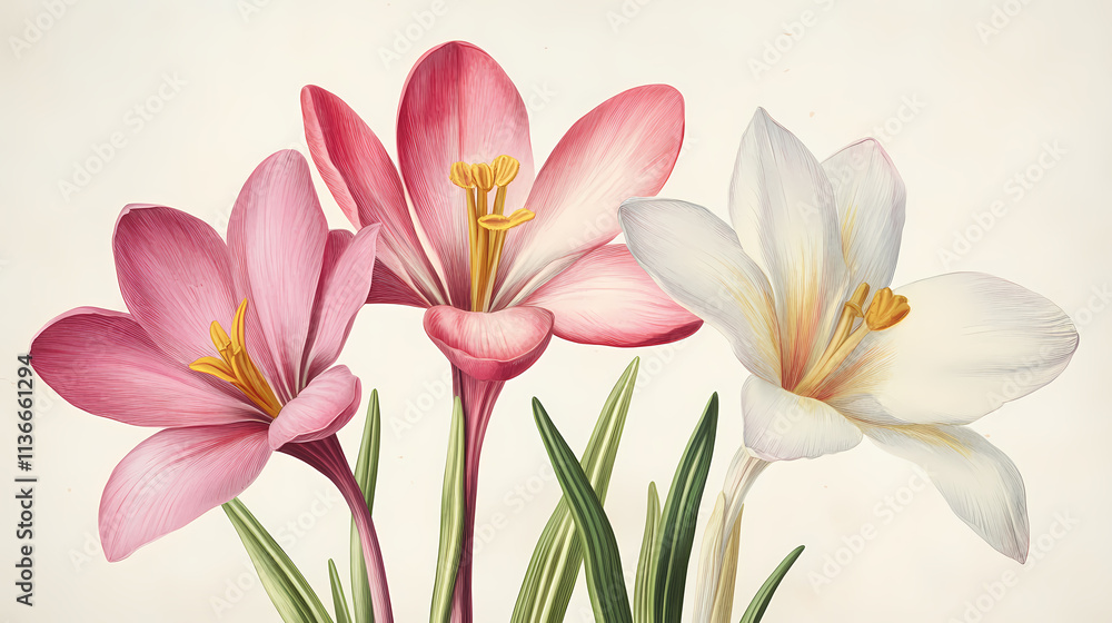 Fototapeta premium Extreme close-up of spring crocus, rosepink zephyr lily, zephyranthes minuta, and amaryllis minuta flowers. Zephyrine. Illustration