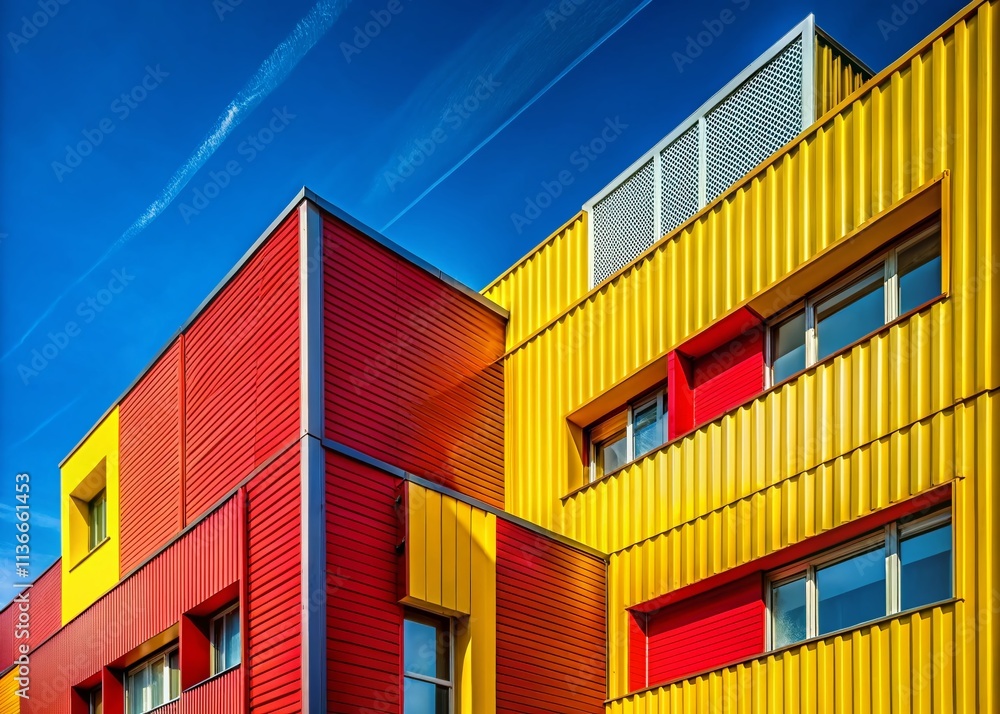 Fototapeta premium Vibrant Architectural Design: Colorful Building Facade with Yellow and Red Panels Beneath a Bright Blue Sky Capturing Urban Aesthetics and Modern Aesthetic Trends