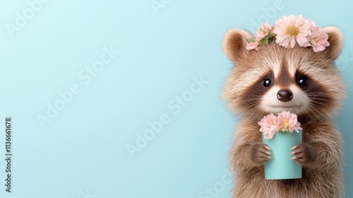 A cute raccoon holds a small vase with flowers, set against a soft pastel blue background, This whimsical image can be used for children's products, invitations, or social media content, photo