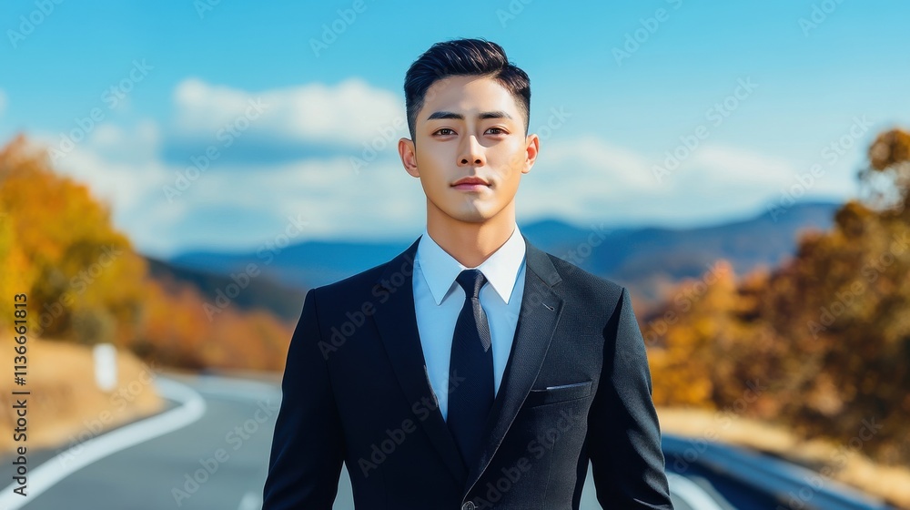 Asian businessman in a sleek suit, confidently standing on a winding mountain road, looking at the camera with a scenic horizon behind Asian businessman in a sleek suit, confidently standing on a winding mountain road, looking at the camera with a scenic horizon behind