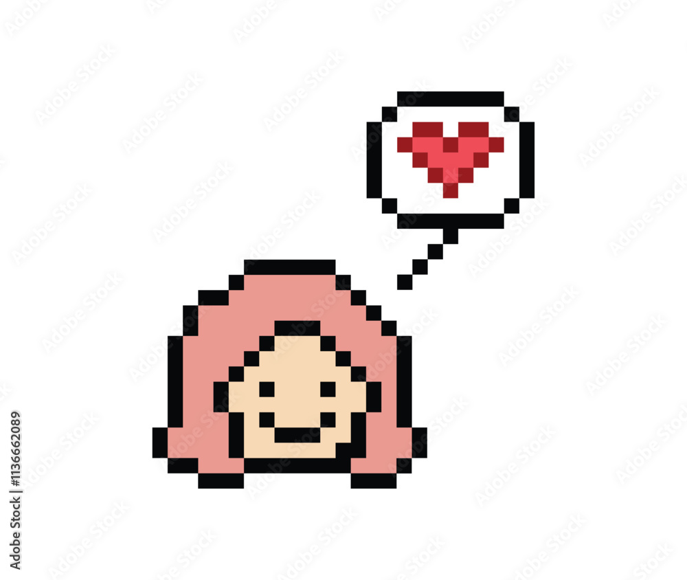 Obraz premium Cute pixel cartoon 8bit character woman lady feel love happy happiness heart emotion lifestyle decoration life style 8 bit female girl fun happy like favorite mood game isolated PNG vector.