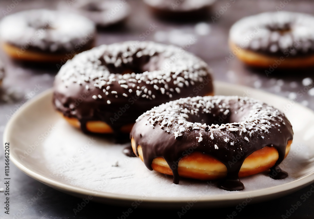 A plate of donuts with chocolate frosting and powdered sugar on it. A plate of donuts with chocolate frosting and powdered sugar on it.