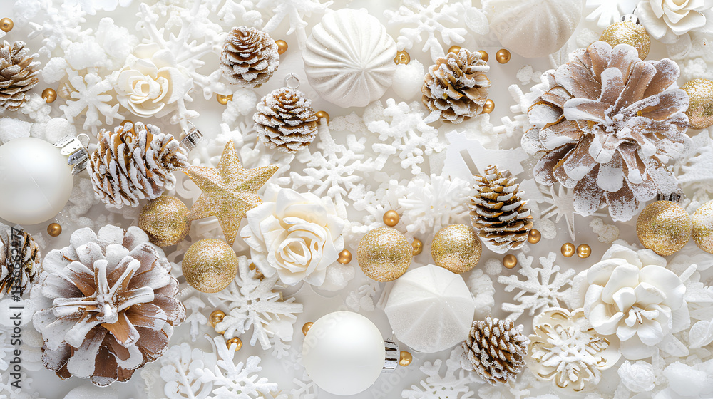 White background with white and gold Christmas decorations, white snowflakes, pine cones, golden stars, snowballs, white space in the center of the frame White background with white and gold Christmas decorations, white snowflakes, pine cones, golden stars, snowballs, white space in the center of the frame