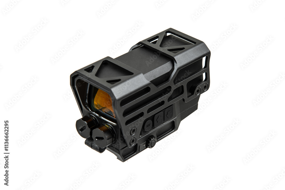 A tactical holographic sight with a rugged, black metal frame, featuring adjustment knobs and buttons. A tactical holographic sight with a rugged, black metal frame, featuring adjustment knobs and buttons.