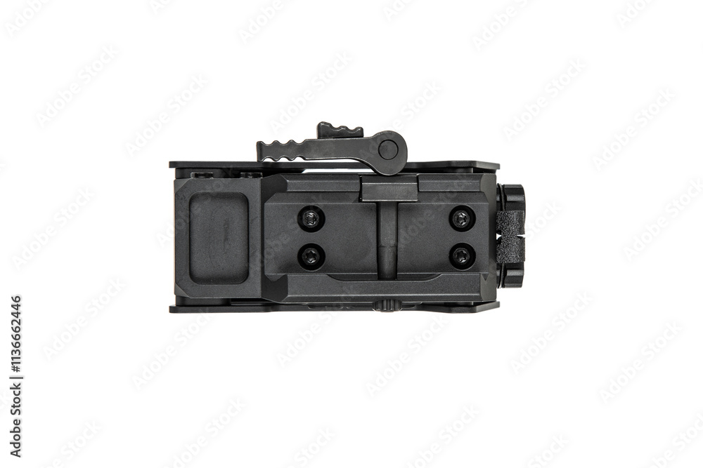A tactical holographic sight with a rugged, black metal frame, featuring adjustment knobs and buttons. A tactical holographic sight with a rugged, black metal frame, featuring adjustment knobs and buttons.