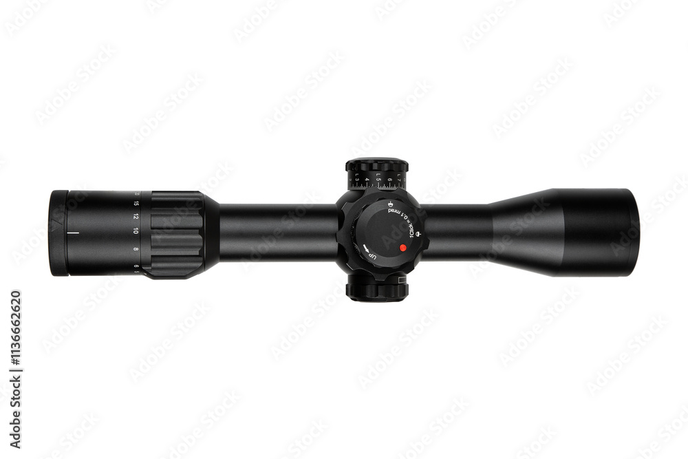 A black rifle scope with adjustment knobs, a sleek design, and clear markings, isolated on a white background. A black rifle scope with adjustment knobs, a sleek design, and clear markings, isolated on a white background.