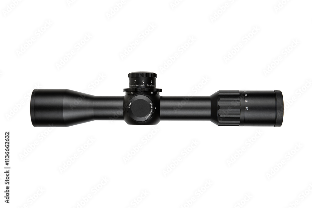 A black rifle scope with adjustment knobs, a sleek design, and clear markings, isolated on a white background. A black rifle scope with adjustment knobs, a sleek design, and clear markings, isolated on a white background.