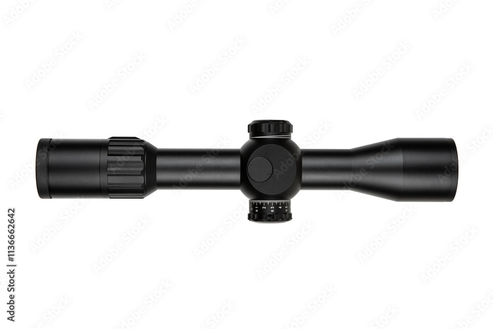 A black rifle scope with adjustment knobs, a sleek design, and clear markings, isolated on a white background. A black rifle scope with adjustment knobs, a sleek design, and clear markings, isolated on a white background.