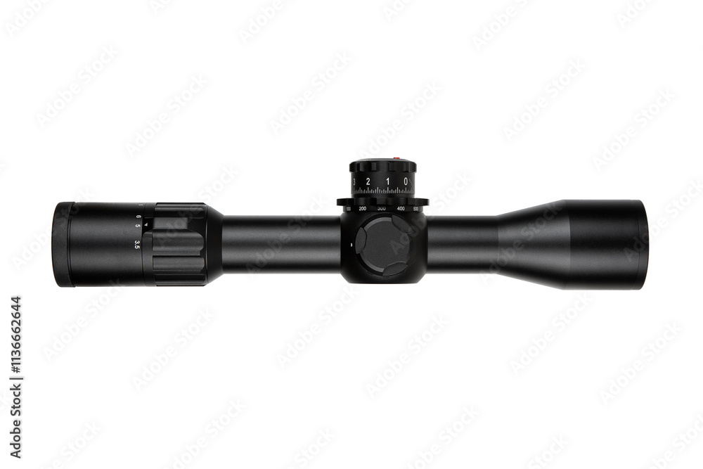 A black rifle scope with adjustment knobs, a sleek design, and clear markings, isolated on a white background. A black rifle scope with adjustment knobs, a sleek design, and clear markings, isolated on a white background.