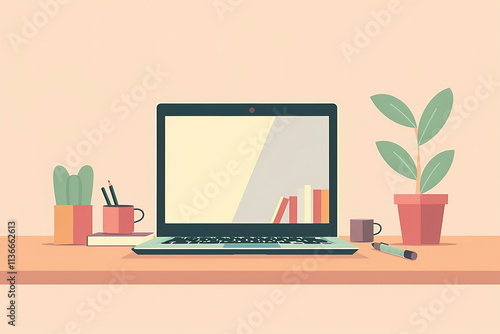 Wallpaper Mural Modern laptop on wooden desk with green plant, productivity workspace scene Torontodigital.ca