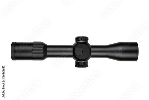 A black rifle scope with adjustment knobs, a sleek design, and clear markings, isolated on a white background. photo