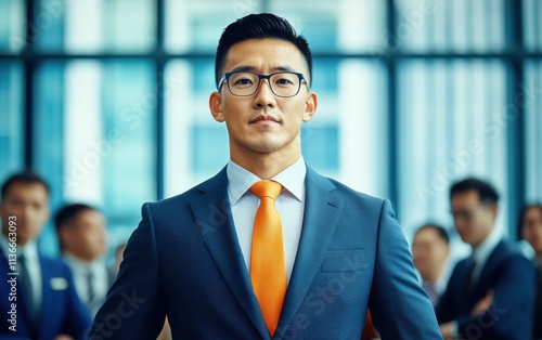 Dynamic shot of an Asian entrepreneur standing in a glasswalled conference room, facing the camera as colleagues brainstorm in the background photo