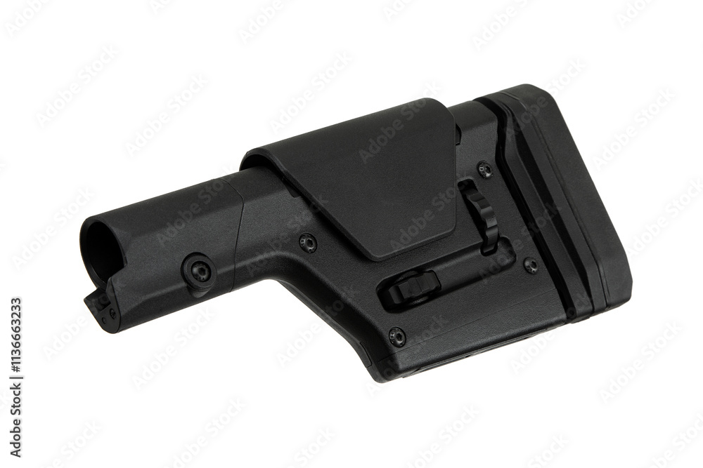 Black adjustable rifle stock with a textured buttpad, adjustment knobs, and a cheek rest, designed for comfort and precision in shooting Black adjustable rifle stock with a textured buttpad, adjustment knobs, and a cheek rest, designed for comfort and precision in shooting