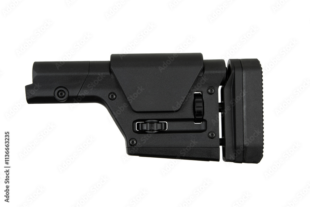 Black adjustable rifle stock with a textured buttpad, adjustment knobs, and a cheek rest, designed for comfort and precision in shooting Black adjustable rifle stock with a textured buttpad, adjustment knobs, and a cheek rest, designed for comfort and precision in shooting