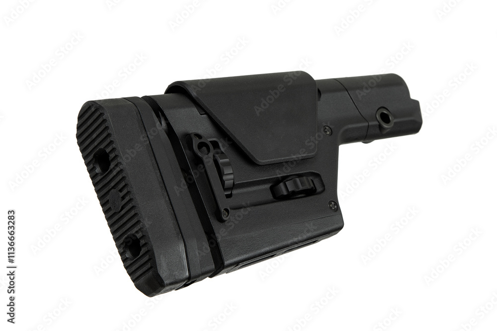 Black adjustable rifle stock with a textured buttpad, adjustment knobs, and a cheek rest, designed for comfort and precision in shooting Black adjustable rifle stock with a textured buttpad, adjustment knobs, and a cheek rest, designed for comfort and precision in shooting