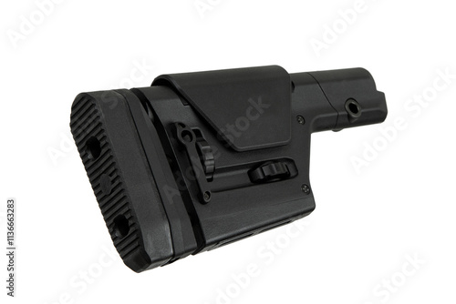 Black adjustable rifle stock with a textured buttpad, adjustment knobs, and a cheek rest, designed for comfort and precision in shooting photo