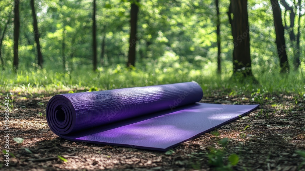 empty ready to use purple yoga mat in the park, side view shot in a city forest empty ready to use purple yoga mat in the park, side view shot in a city forest