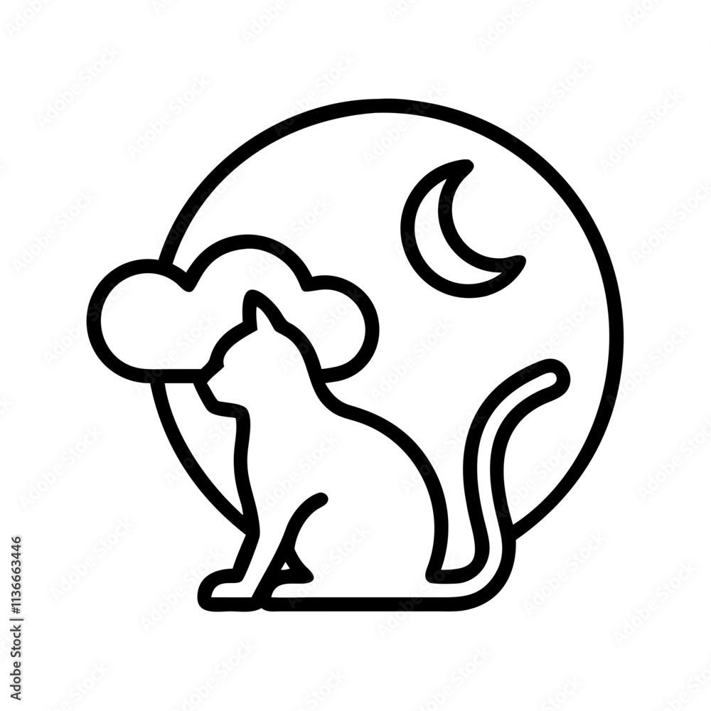 cat silhouette in moonlight icon, cat day line art, cat day icon - simple black line art icon of cat silhouette in moonlight, symbolizing cat day celebrations. cat day vector art. cat silhouette in moonlight icon, cat day line art, cat day icon - simple black line art icon of cat silhouette in moonlight, symbolizing cat day celebrations. cat day vector art.