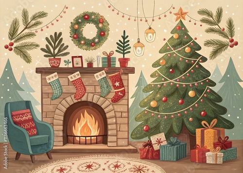 Wallpaper Mural christmas tree with gifts and decorations contains such icons as Santa Claus, Christmas, Gift, Reindeer, Christmas Tree, Snowflake. Torontodigital.ca