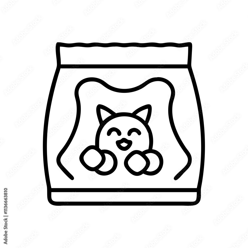 cat treat bag icon, cat day line art, cat day icon - simple black line art icon of cat treat bag, symbolizing cat day celebrations. cat day vector art.