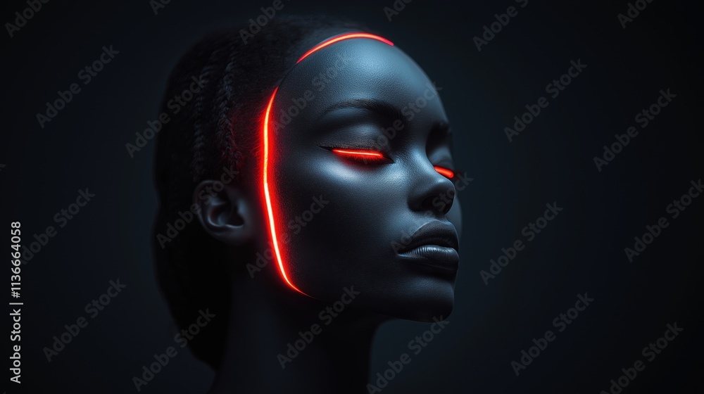 Dark Futuristic Portrait of Female AI with Glowing Red Neon Lines Dark Futuristic Portrait of Female AI with Glowing Red Neon Lines